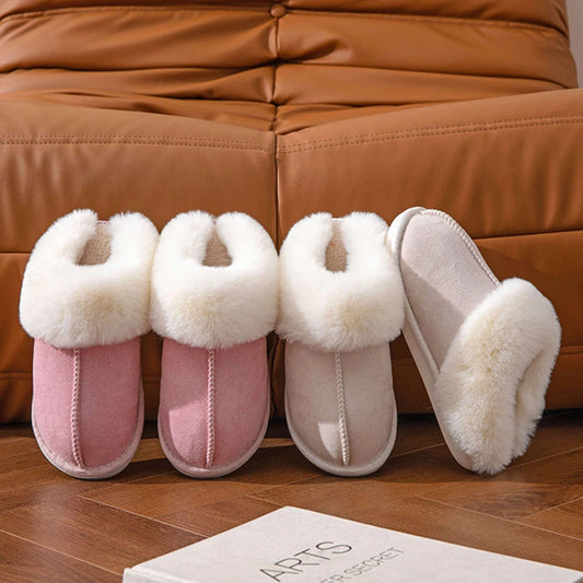 2023 Winter Warm Flat Fur Slippers Women Faux Suede Fluffy Furry Home Slides Woman Comfort Non Slip Indoor Floor Cotton Shoes